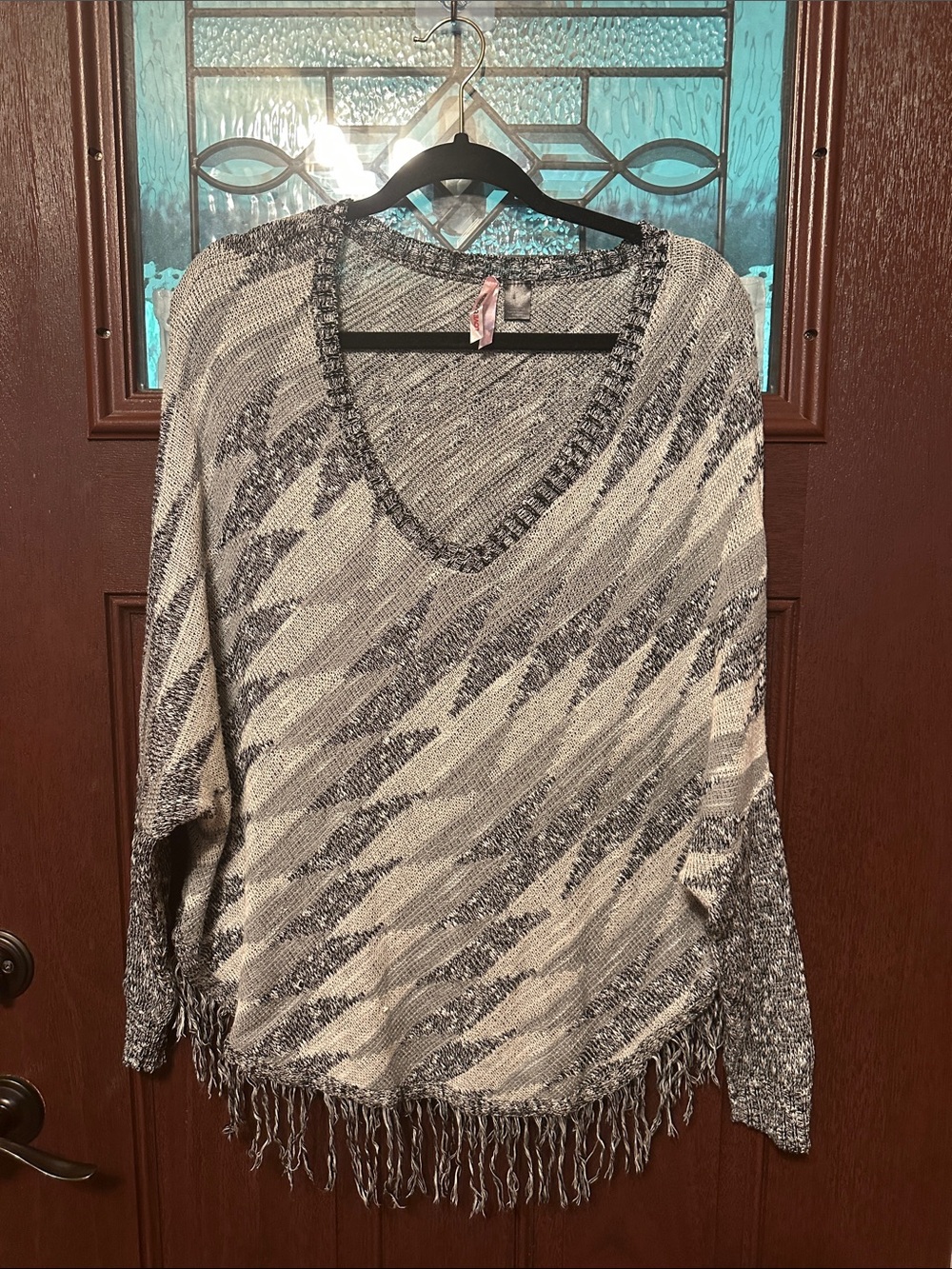 Love By Design V-Neck Fringe Sweater in Gray and Cream